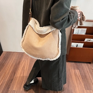 Furry plush tote bag in camel suede with white shearling trim and brown leather strap
