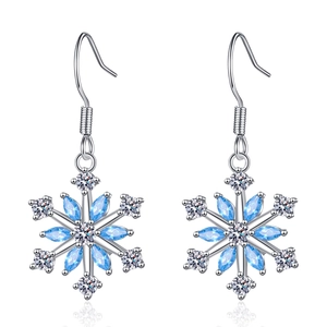 Snowflake drop earrings with blue marquise zircons and silver metal frame on white background