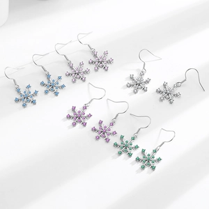Sparkling snowflake drop earrings with colorful zircons in five vibrant colors