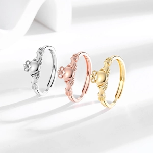 Three-color Claddagh crown heart rings in gold, silver, and rose gold with adjustable band