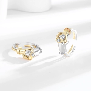 Creative hugging hands open rings with sparkling zircon center stone in gold silver finish