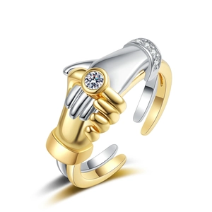 Minimalist embrace hands hug ring with large zircon and gold-silver dual tone finish
