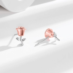 Elegant 3D rose flower stud earrings with two-tone silver and rose gold metal finish