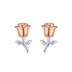 Three-dimensional rose stud earrings in dual-tone rose gold and silver finish