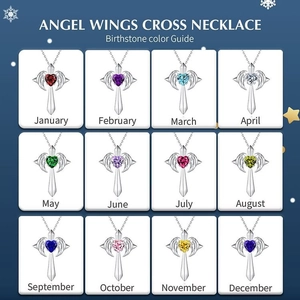 Collier croix ailes d'ange avec pierre de naissance en cœur en douze coloris variés