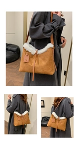 Détail du sac en daim marron avec bordure en fausse fourrure blanche et sangle en cuir