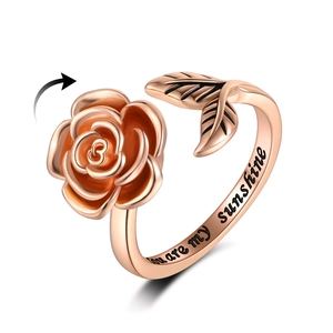 Rotating rose flower anxiety ring in rose gold with You Are My Sunshine engraving