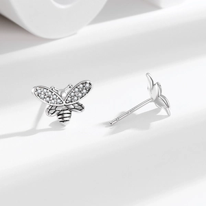 Asymmetric bee and sunflower stud earrings in S925 sterling silver with sparkling zircons