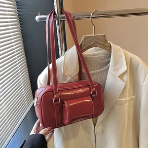Women Retro PU Leather Shoulder Bag Large Capacity Contrast Stitching Front Pocket Underarm Bag Everyday Fashion
