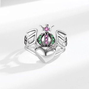 Gothic silver heart ring with crown and wings design featuring pink zircon stones