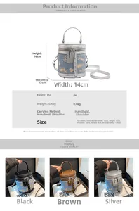 Guide des tailles du sac seau avec dimensions: largeur 14cm, hauteur 16cm, épaisseur 12cm