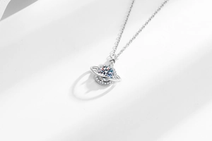 Macro view of silver planet pendant with star charm and brilliant circular main stone