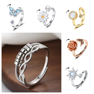 Anxiety Fidget Ring Copper Spinner Rotating Beads Adjustable Open Band Anti Stress Jewelry Sun Moon Rose For Women