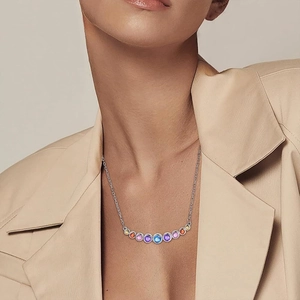 Rainbow gemstone pendant necklace with multi-color zircons on a silver chain