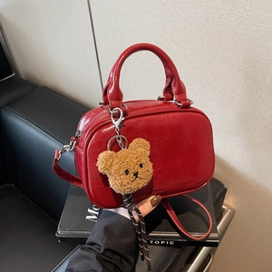 Retro PU Leather Boston Handbag With Bear Charm Glossy Vintage Crossbody Bag For Women Daily Casual Shoulder Bag