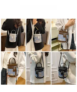 Grille de six photos montrant un sac seau en denim bleu avec broderie dorée porté par un mannequin