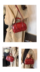 Three views of a red glossy bowling bag with bows showing shoulder and handbag styling