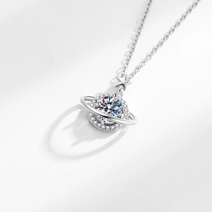 S925 sterling silver Saturn planet pendant necklace with zircon stones and star detail
