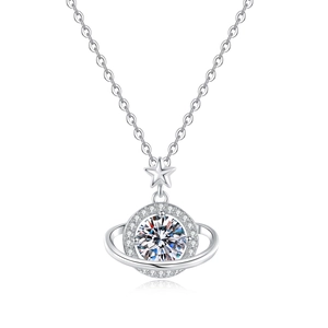 Planet necklace with sparkling round stone and star pendant on polished silver chain