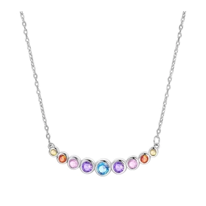 Rainbow necklace with multi-colored round cubic zirconia pendant on silver chain