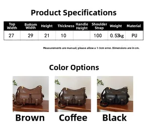 Size chart for PU leather tote bag with dimensions, weight, and color options