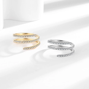 Modern triple-layer spring spiral ring with pave crystals in gold and silver finish