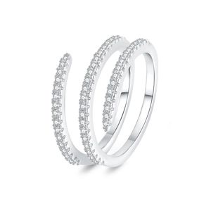 Three-layer silver spiral ring with micro-paved white zircons on a clean white background