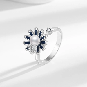 Sunflower and butterfly silver open ring with blue petals, pearl and crystal accents
