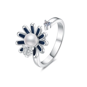 Silver sunflower spinning ring with blue enamel petals, pearl center and butterfly detail