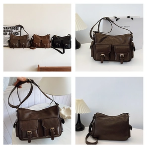 Detail view showing dual front cargo pockets on vintage faux leather shoulder bag