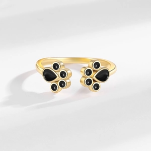Minimalist gold cat paw open ring with black enamel details for women and girls