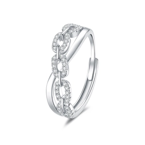 Silver interlocking chain ring with sparkling cubic zirconia on a white background