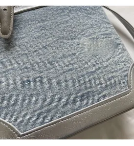 Dettaglio del tessuto denim vintage e cuciture in pelle grigia grana litchi sulla borsa