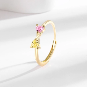 Bague cœur dorée ajustable avec pierres de zircone rose et jaune pour femme