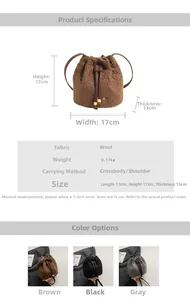 Detail showing dimensions 17x17x13cm for the stylish wool blend bucket bag with drawstring