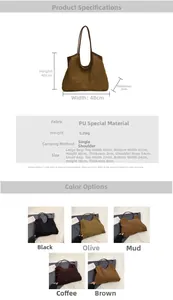 Size chart for large PU fleece tote bag with detailed dimensions and shoulder strap length