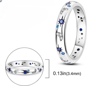 Starry sky themed S925 silver ring with blue zircons and 0.13in width measurement