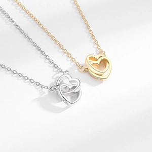 Intertwined double heart necklace in gold and silver finish with small zircon detail