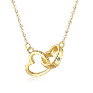 Elegant gold double interlocking heart necklace with a small diamond on a dainty chain