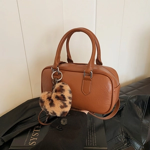 Women PU Leather Boston Handbag Retro Casual Shoulder Crossbody Bag With Leopard Heart Pendant Vintage Minimalist