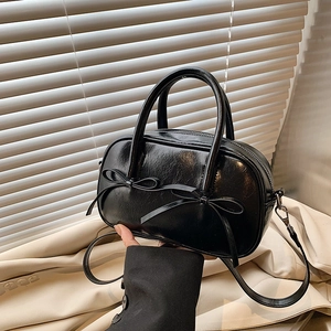 Retro black glossy PU leather bowling bag with twin bows and adjustable shoulder strap