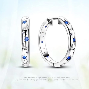 Orecchini A Cerchio Stella Luna Rame Con Zirconia Cubica Blu Cielo Stellato Gioielli Moda Per Donne