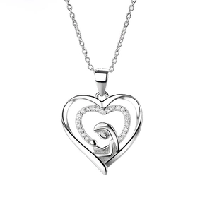 Collier Pendentif Cœur Câlin Mère et Enfant Cuivre Plaqué Argent Zircone Cubique Bijoux Cadeau pour Femme Maman