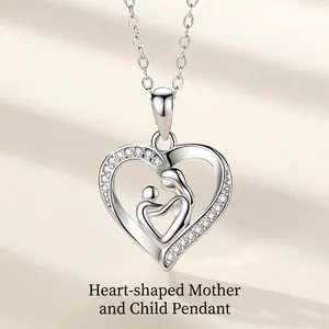 Heart Pendant Necklace Copper With Cubic Zirconia Mother And Child Hugging Clavicle Chain Gift For Women Mom