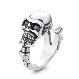 Vintage silver skull ring with gothic skeleton design and adjustable open band for men