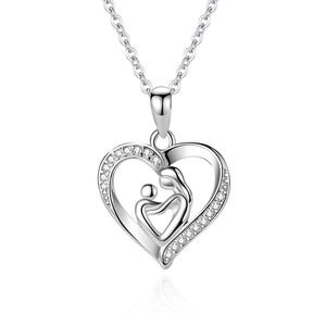 Silver heart necklace with mother and child hug design and pavé crystals for Mother's Day