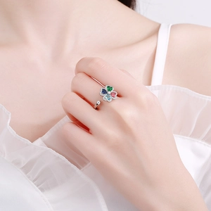Rotating four-leaf clover adjustable silver ring with colorful zircon heart-shaped stones