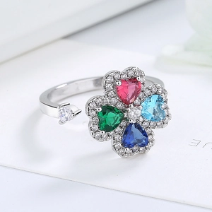 Rotating four-leaf clover adjustable ring with colorful heart gemstones and pavé zircon