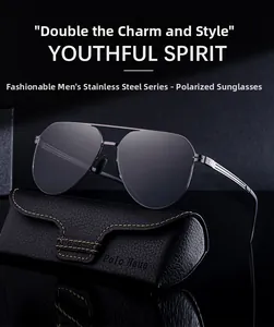 Polarized pilot sunglasses with stainless steel frame and leather storage case
