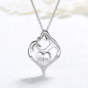 Heart Shaped Mother Child Pendant Necklace Copper Zirconia Engraved MOM Fashion Jewelry Gift For Women